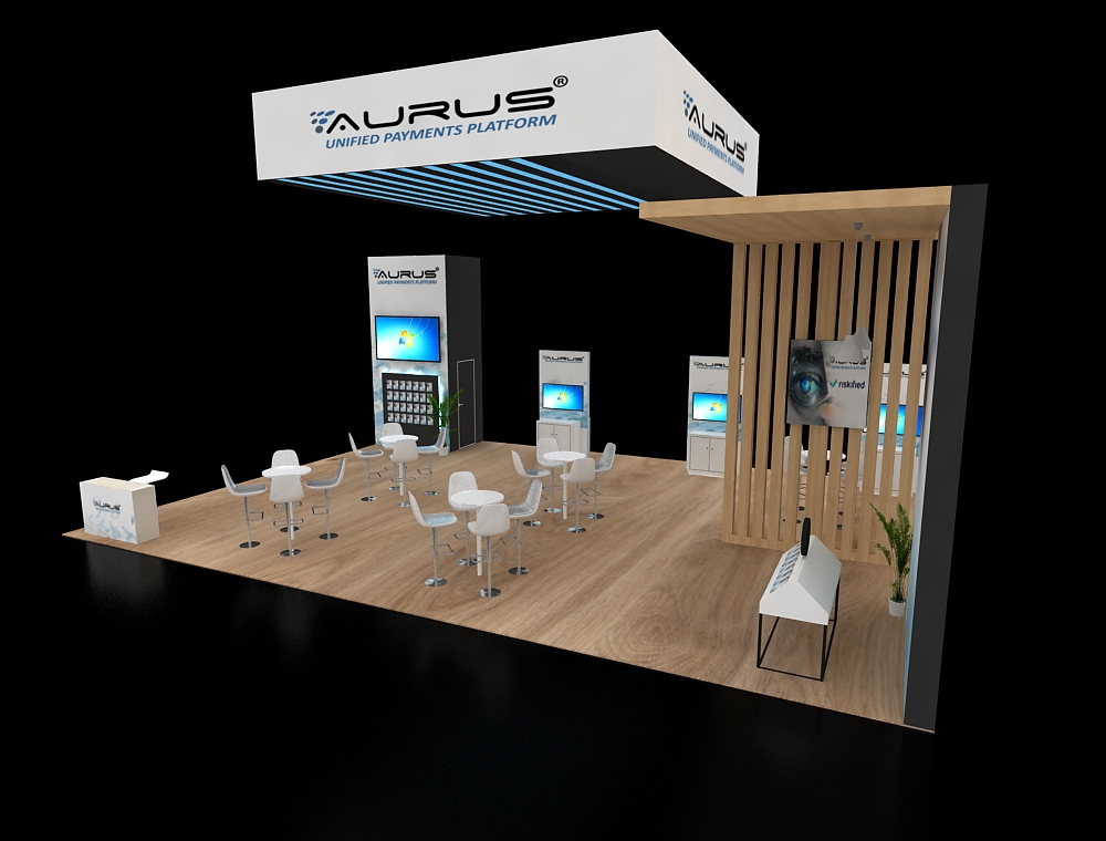 Modern booth with LED displays and seating