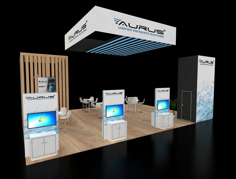 Modern booth with LED displays and seating