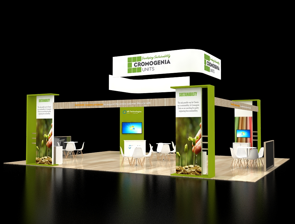 Booth with branding towers and lounge seating
