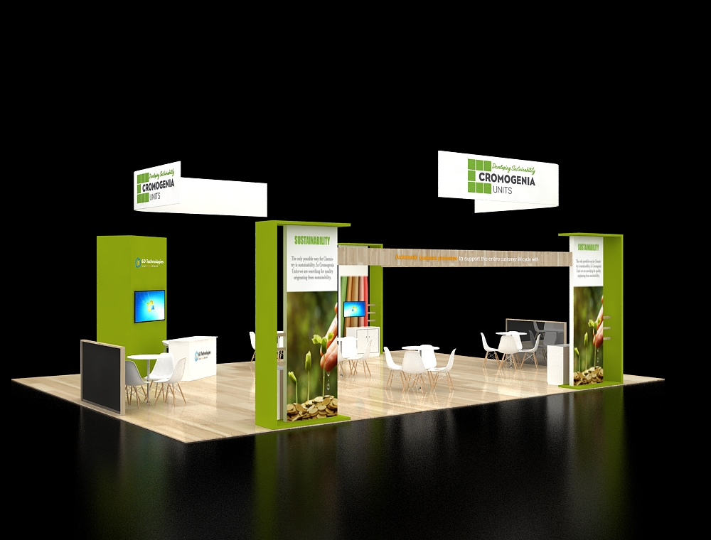 Booth with branding towers and lounge seating