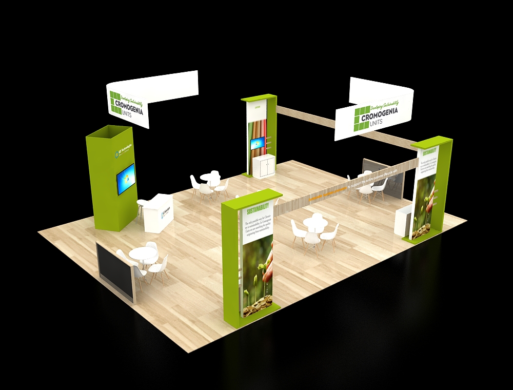 Booth with branding towers and lounge seating