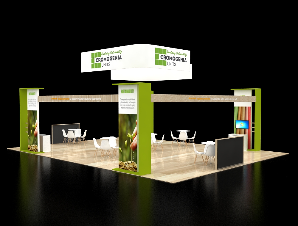 Booth with branding towers and lounge seating