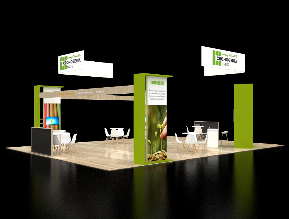 Booth with branding towers and lounge seating
