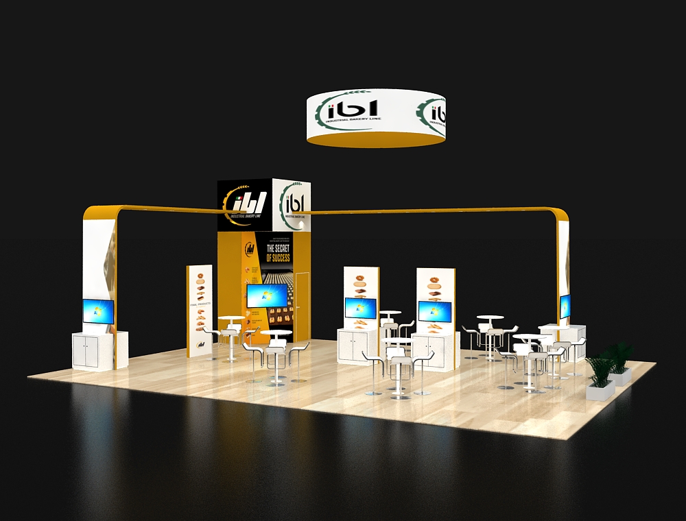 Open booth layout with branded graphics
