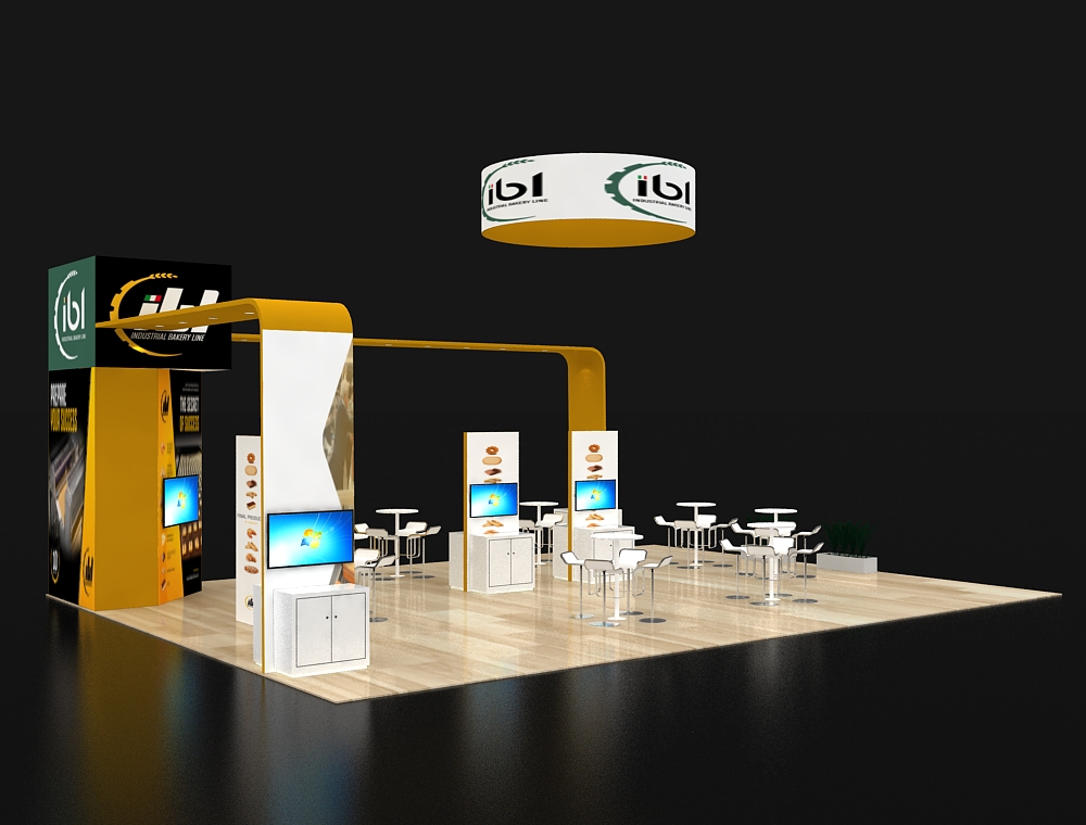 Open booth layout with branded graphics