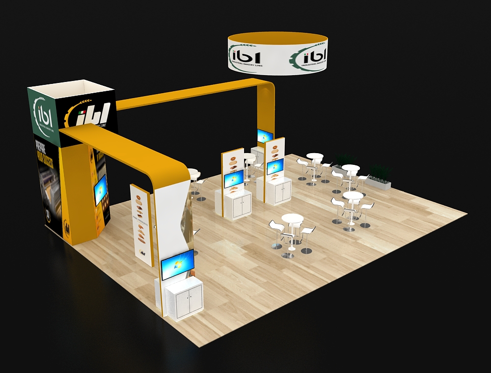 Open booth layout with branded graphics
