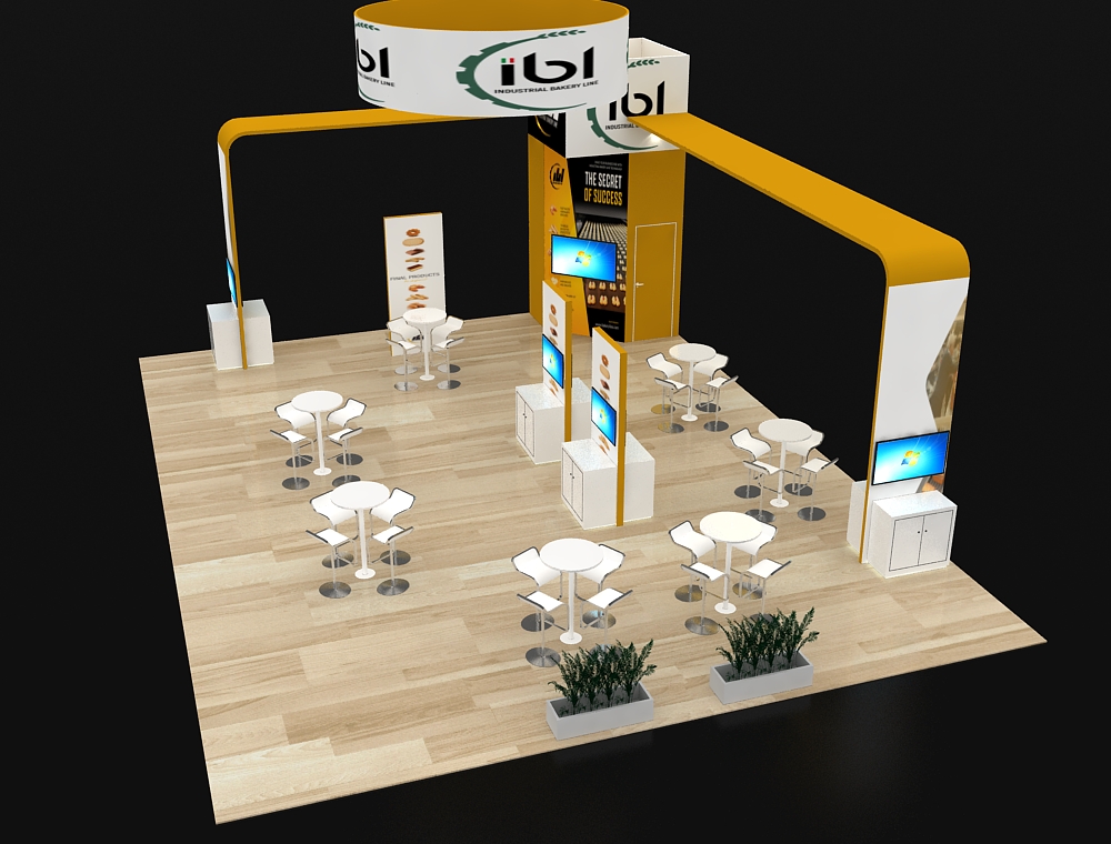 Open booth layout with branded graphics