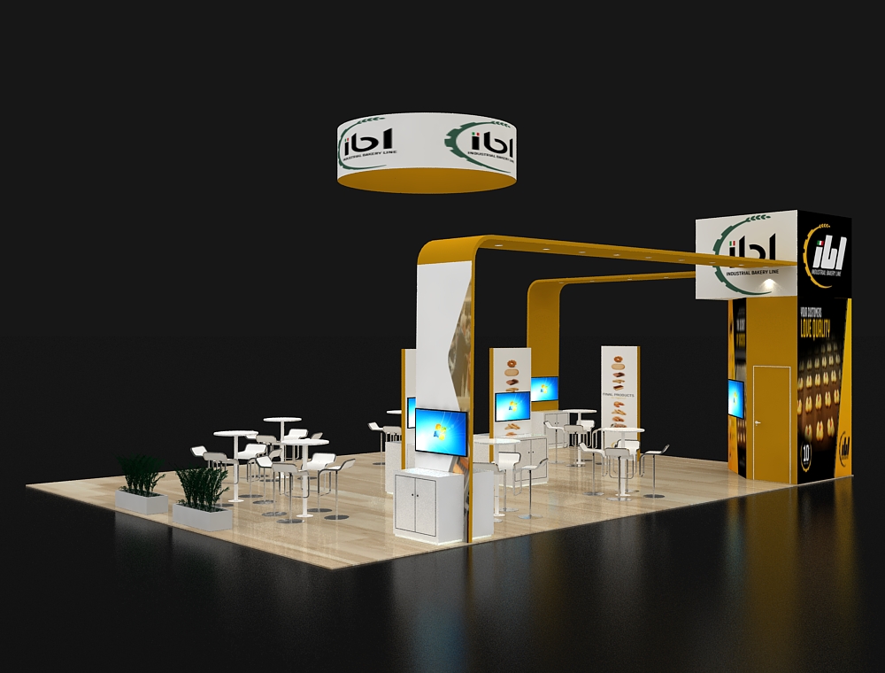 Open booth layout with branded graphics