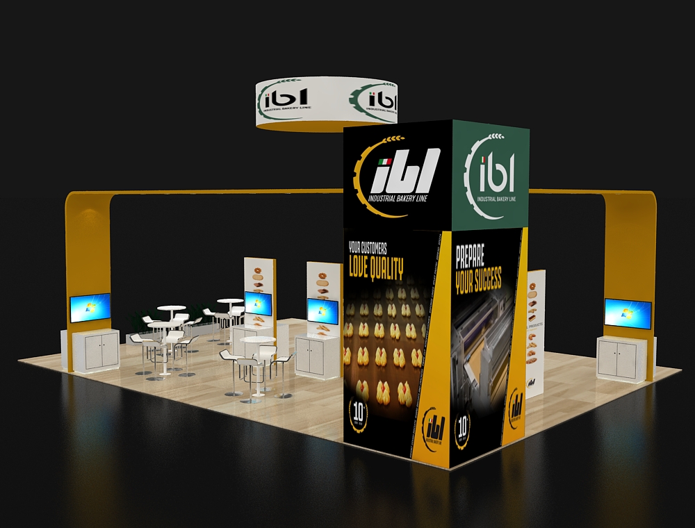 Open booth layout with branded graphics