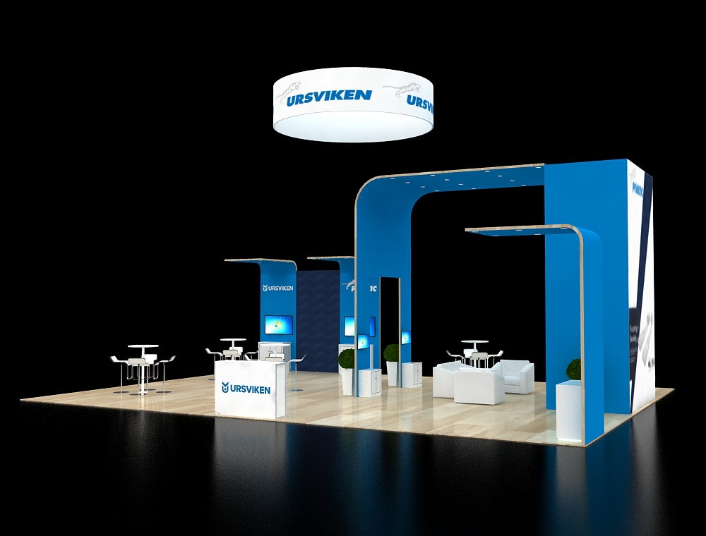 Trade show booth with product showcase areas
