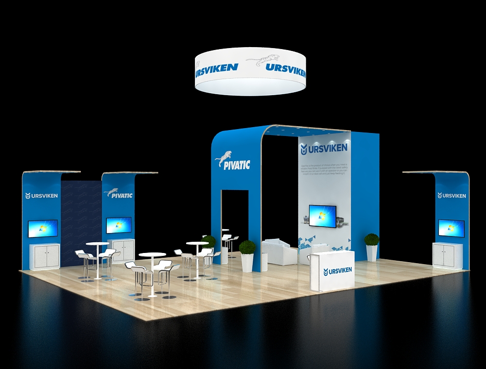 Trade show booth with product showcase areas