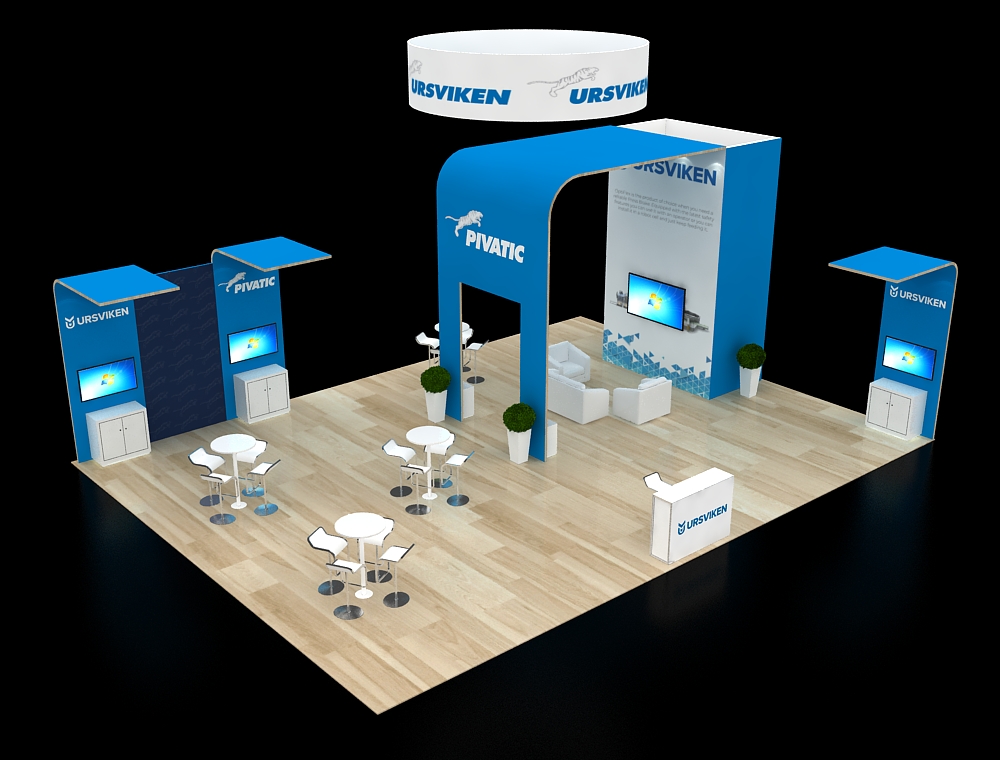 Trade show booth with product showcase areas