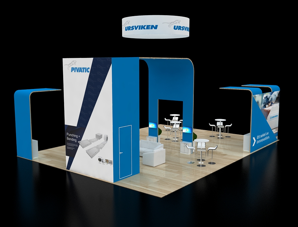 Trade show booth with product showcase areas