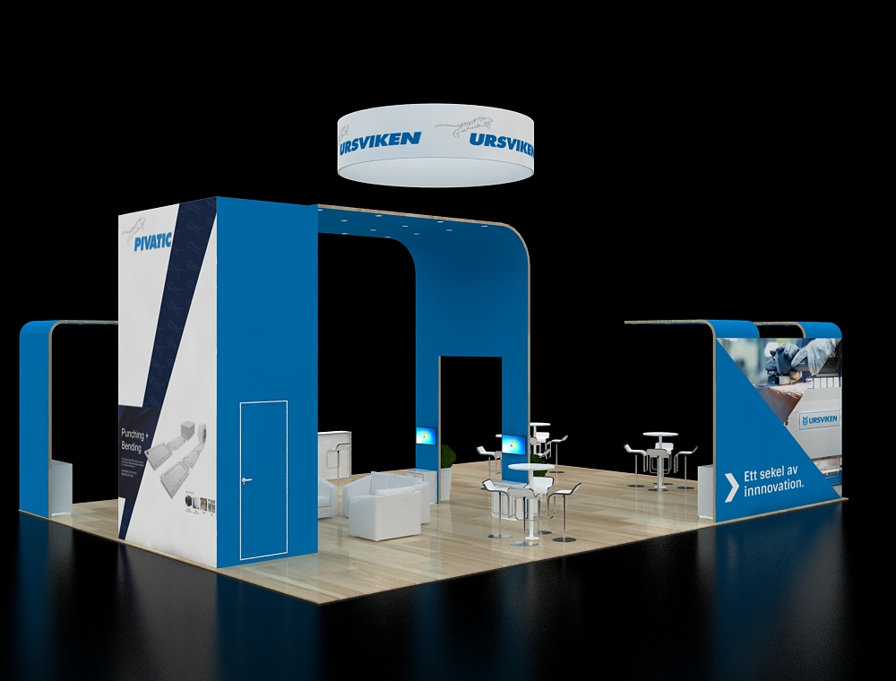 Trade show booth with product showcase areas
