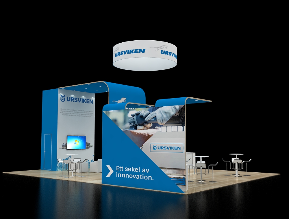 Trade show booth with product showcase areas