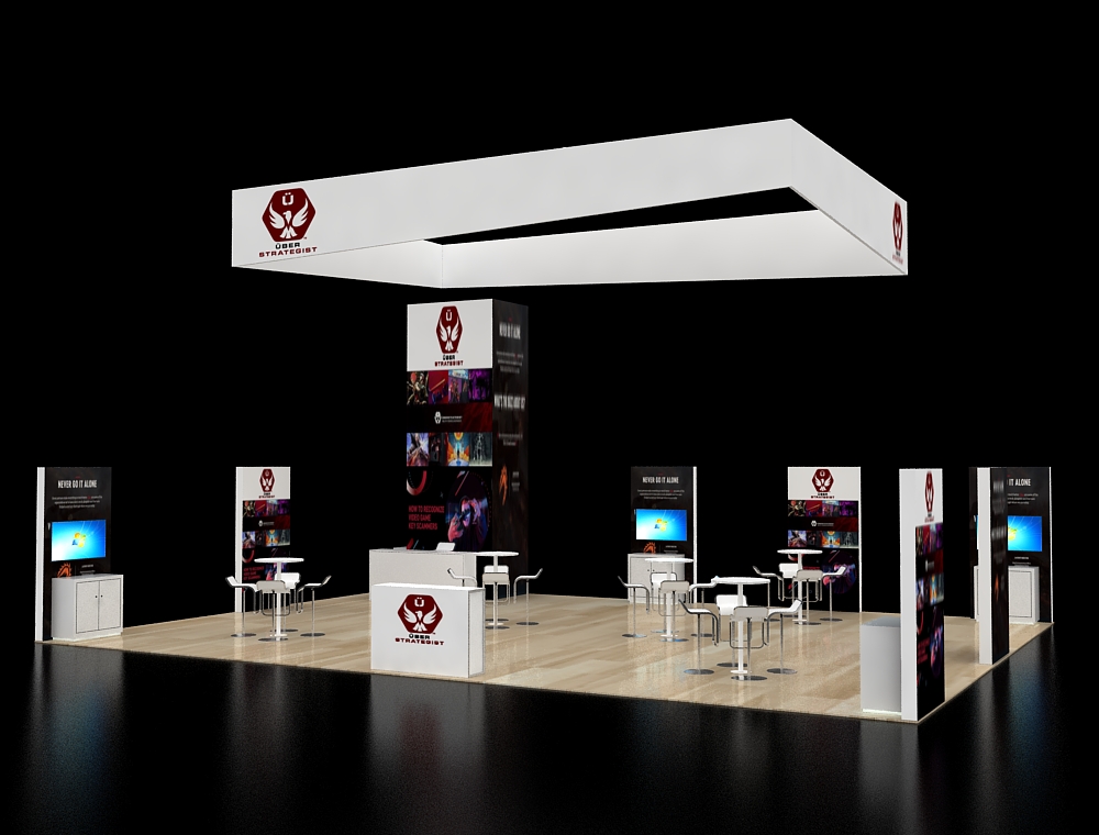 Booth with elevated display platforms and counters