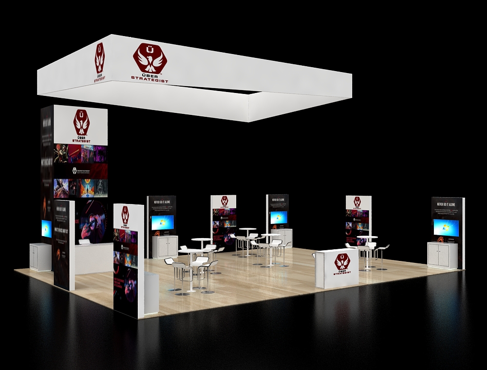 Booth with elevated display platforms and counters