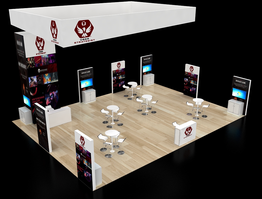 Booth with elevated display platforms and counters