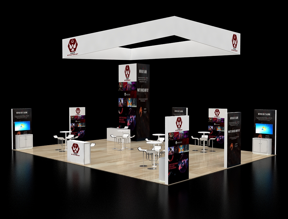Booth with elevated display platforms and counters