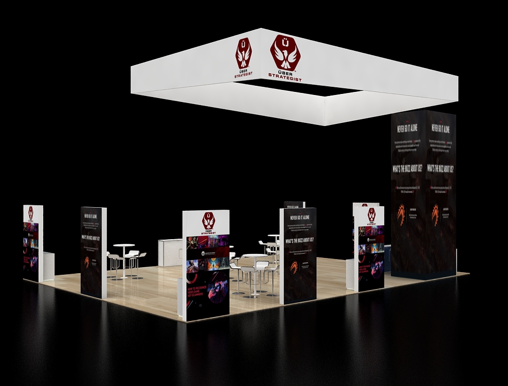 Booth with elevated display platforms and counters