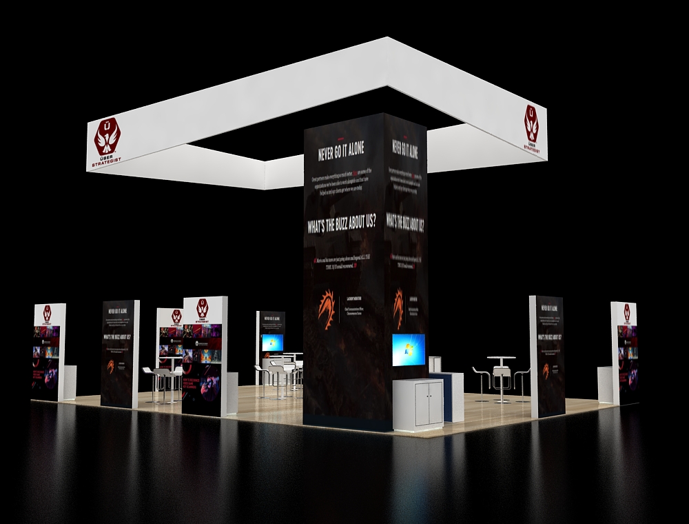 Booth with elevated display platforms and counters
