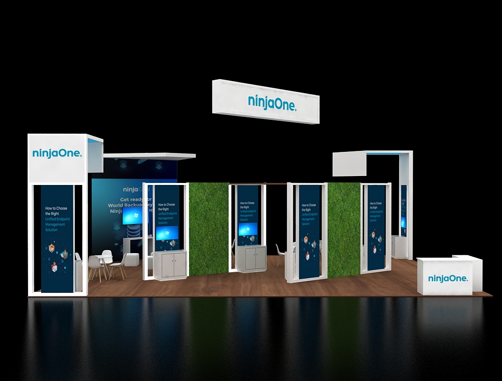 Open floor booth design with meeting areas