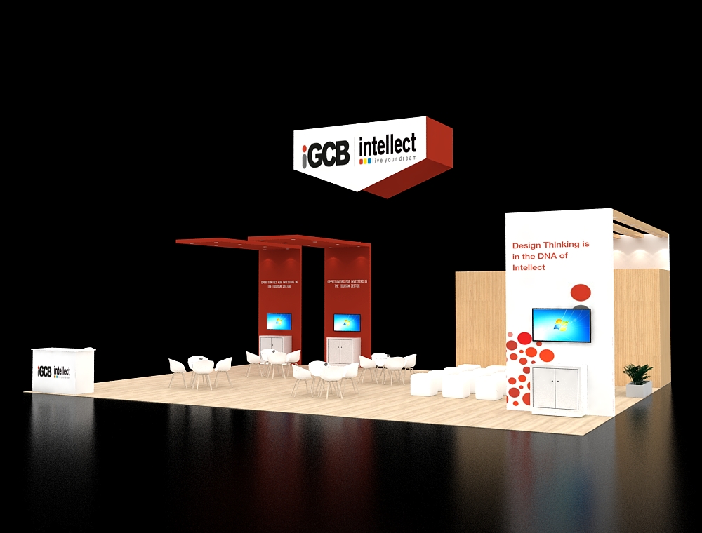 Booth with large banners and display counters