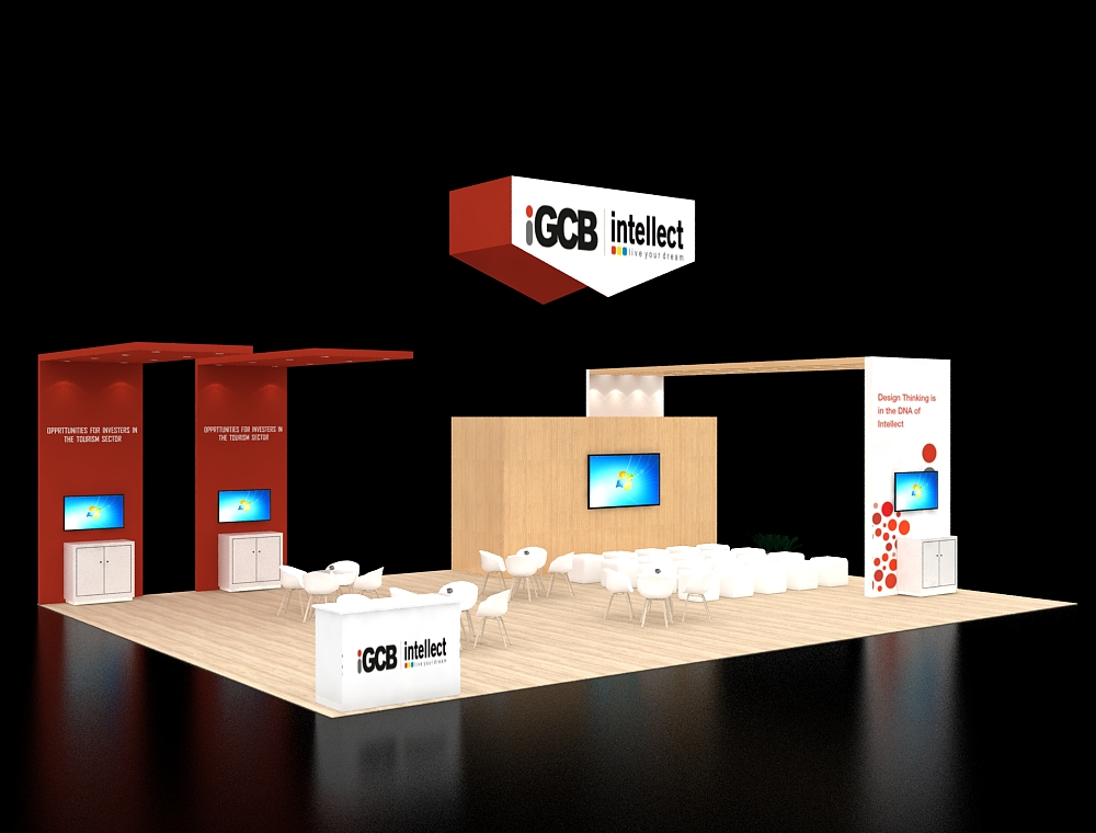 Booth with large banners and display counters