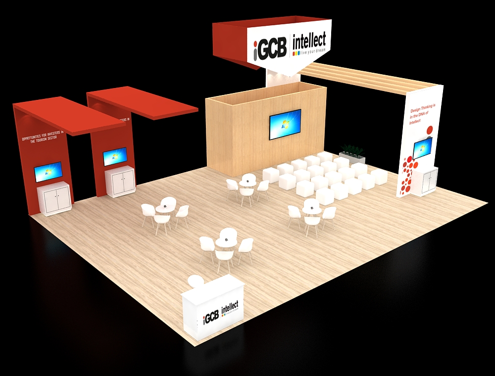 Booth with large banners and display counters
