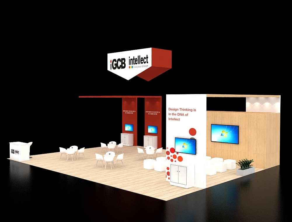 Booth with large banners and display counters