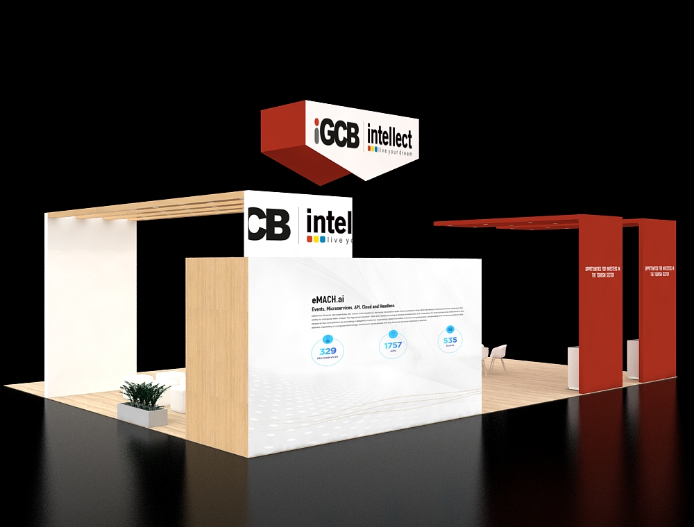 Booth with large banners and display counters