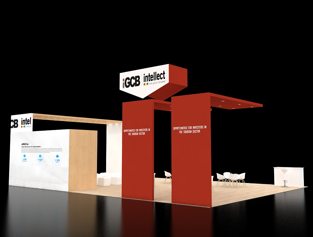 Booth with large banners and display counters