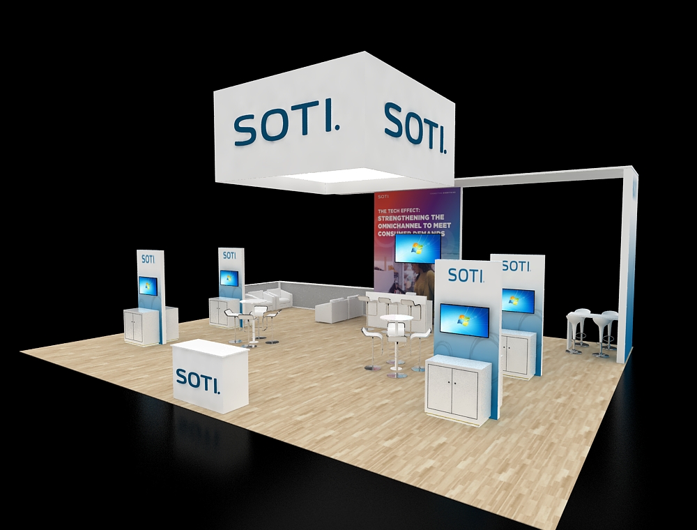 Booth with LED lighting and modern furniture