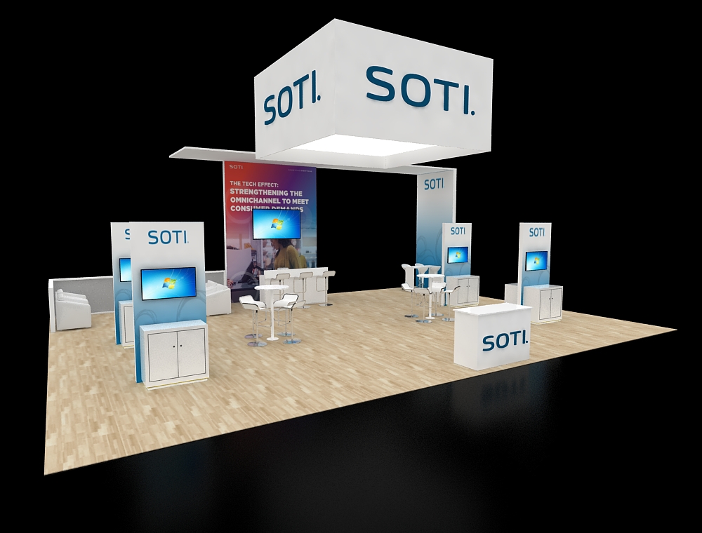 Booth with LED lighting and modern furniture