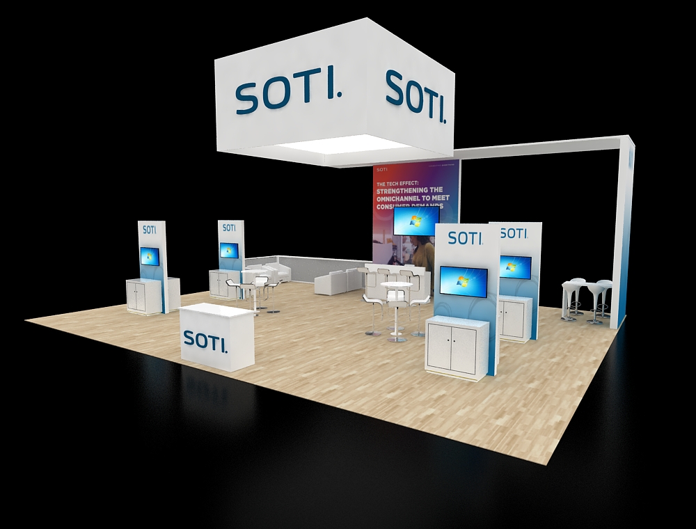 Booth with LED lighting and modern furniture