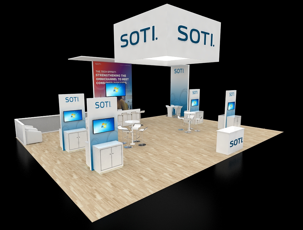 Booth with LED lighting and modern furniture