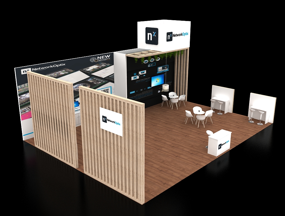 Booth featuring elevated display platforms