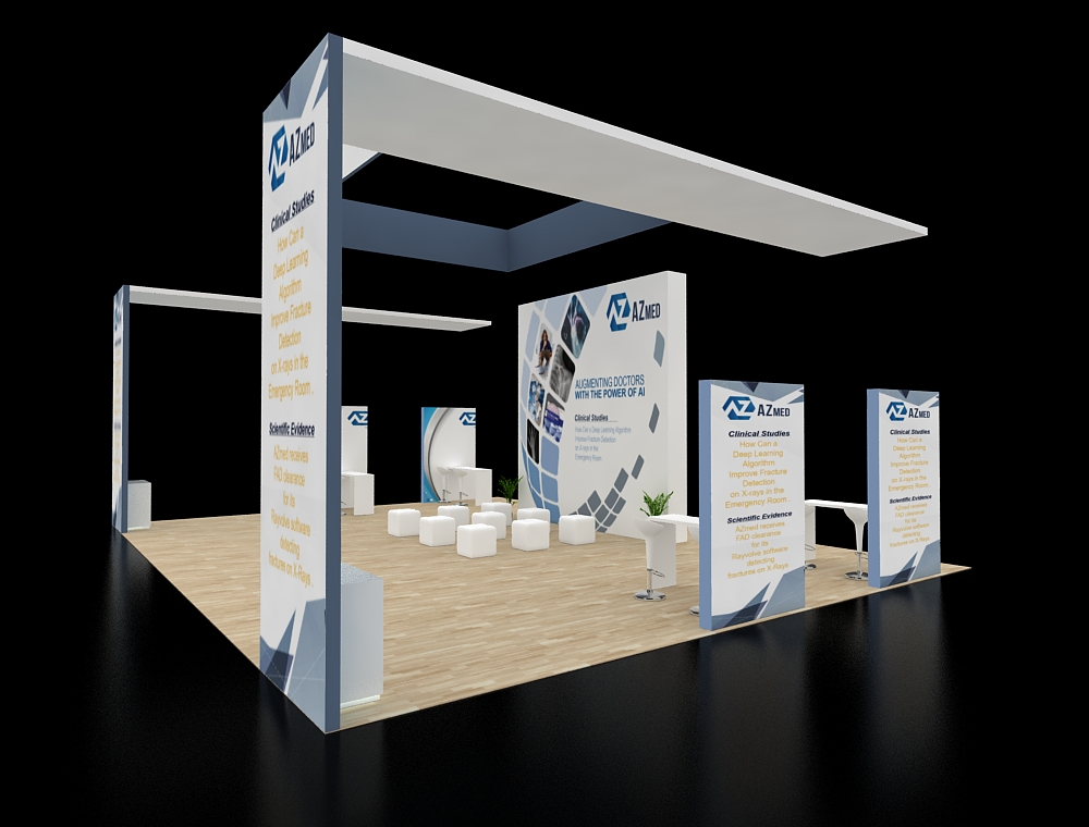 Booth with branded graphics and product shelves