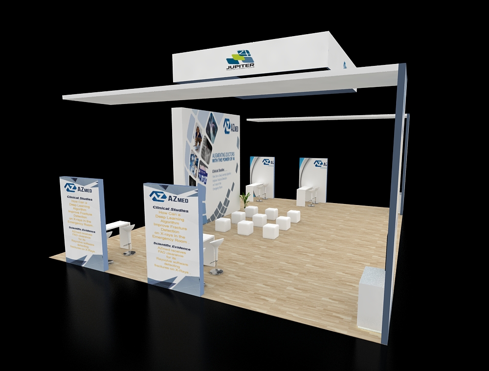 Booth with branded graphics and product shelves