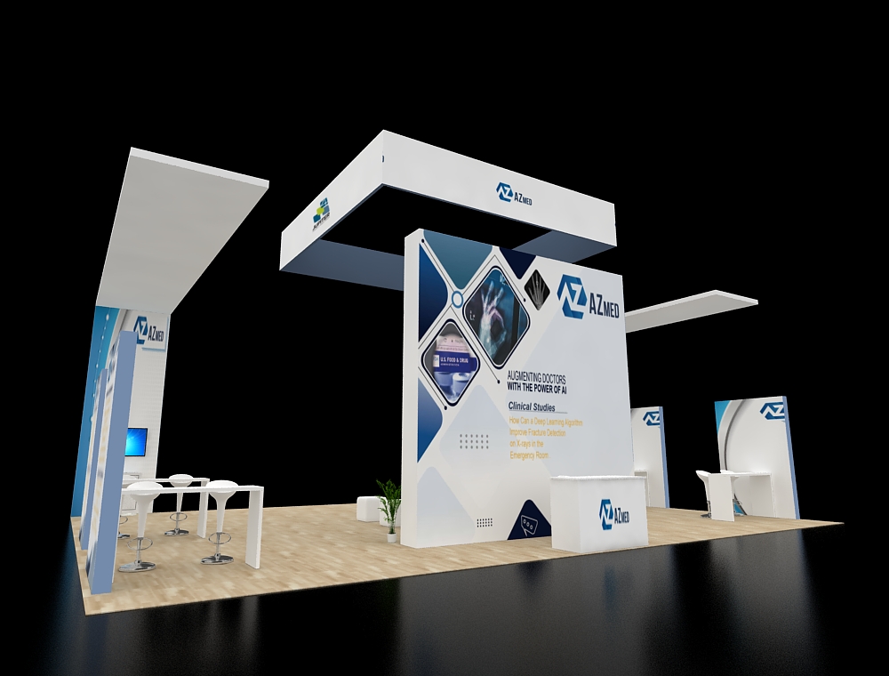 Booth with branded graphics and product shelves