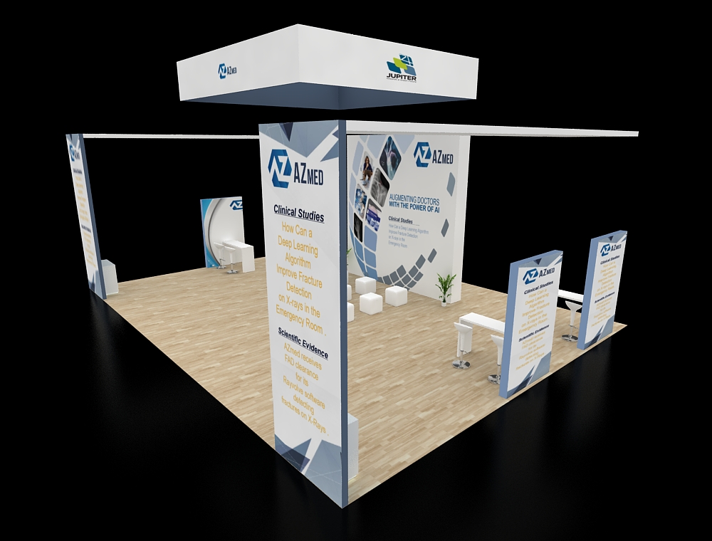 Booth with branded graphics and product shelves