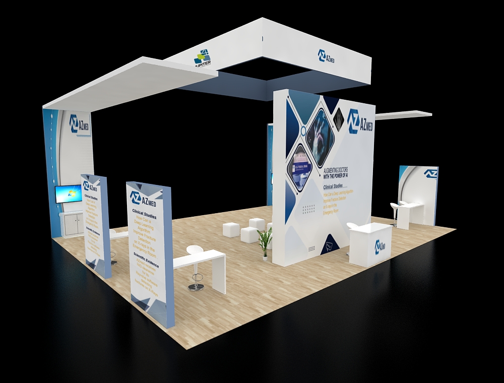 Booth with branded graphics and product shelves