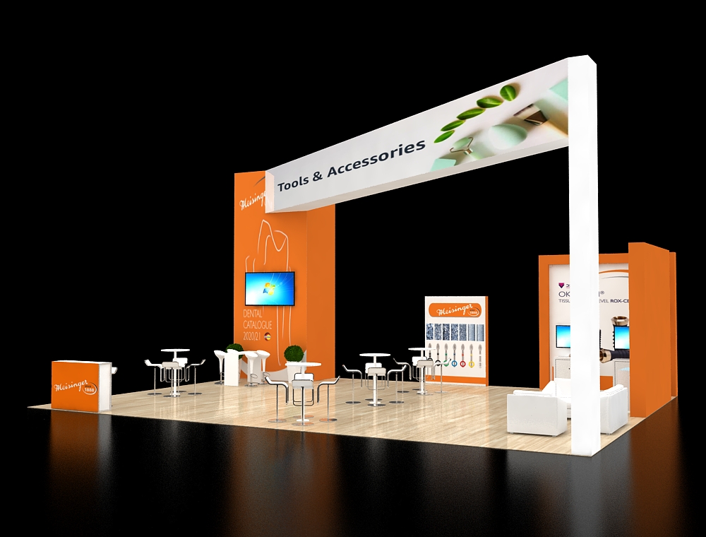 Modern trade show booth with reception counter