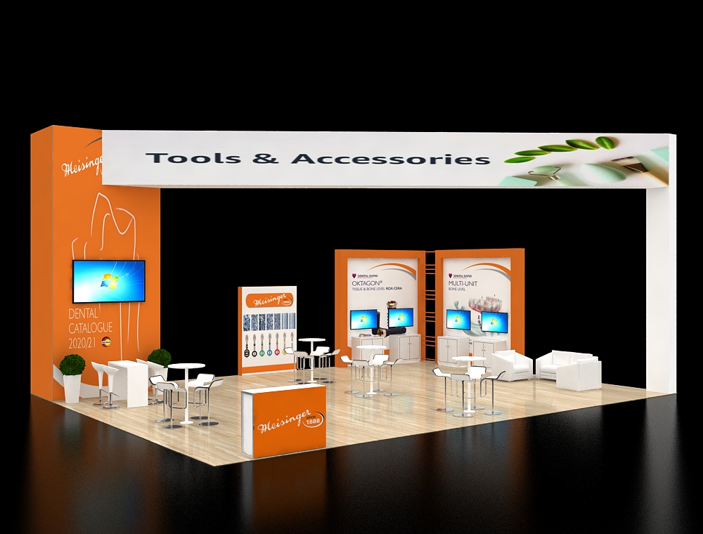 Modern trade show booth with reception counter