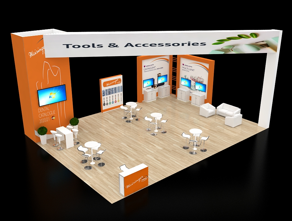 Modern trade show booth with reception counter