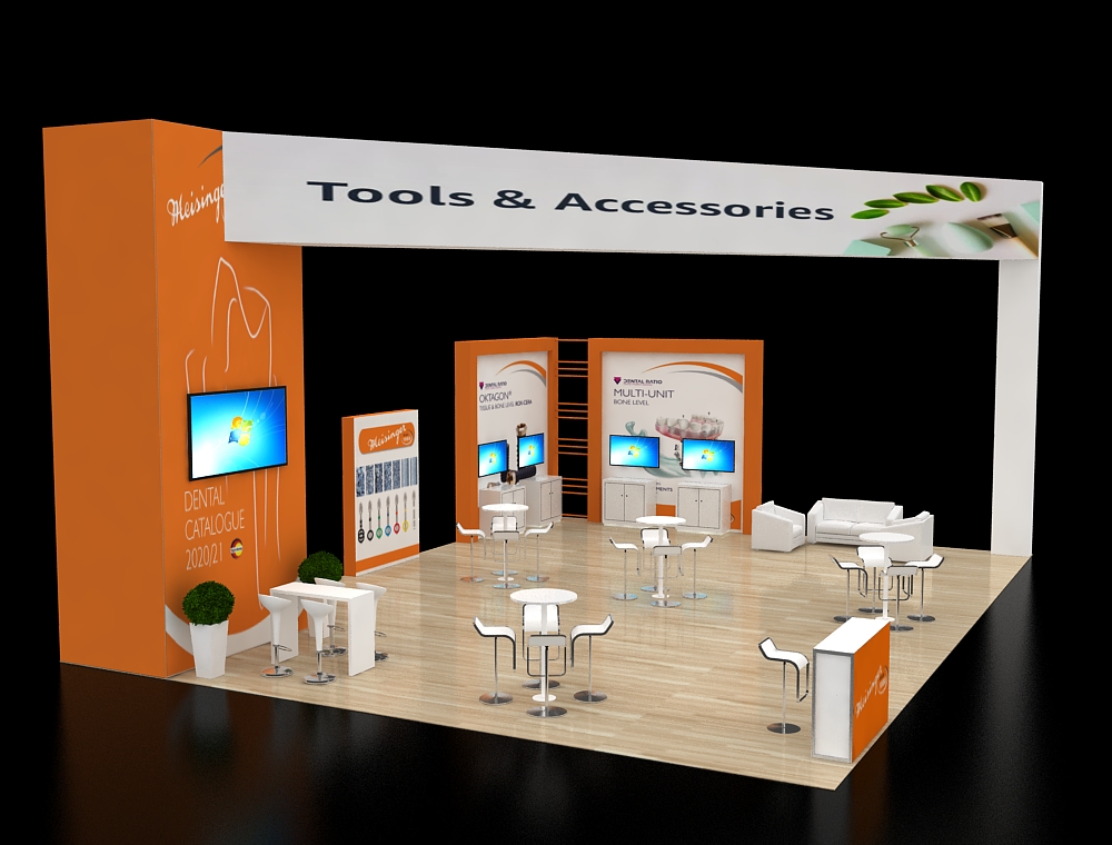 Modern trade show booth with reception counter