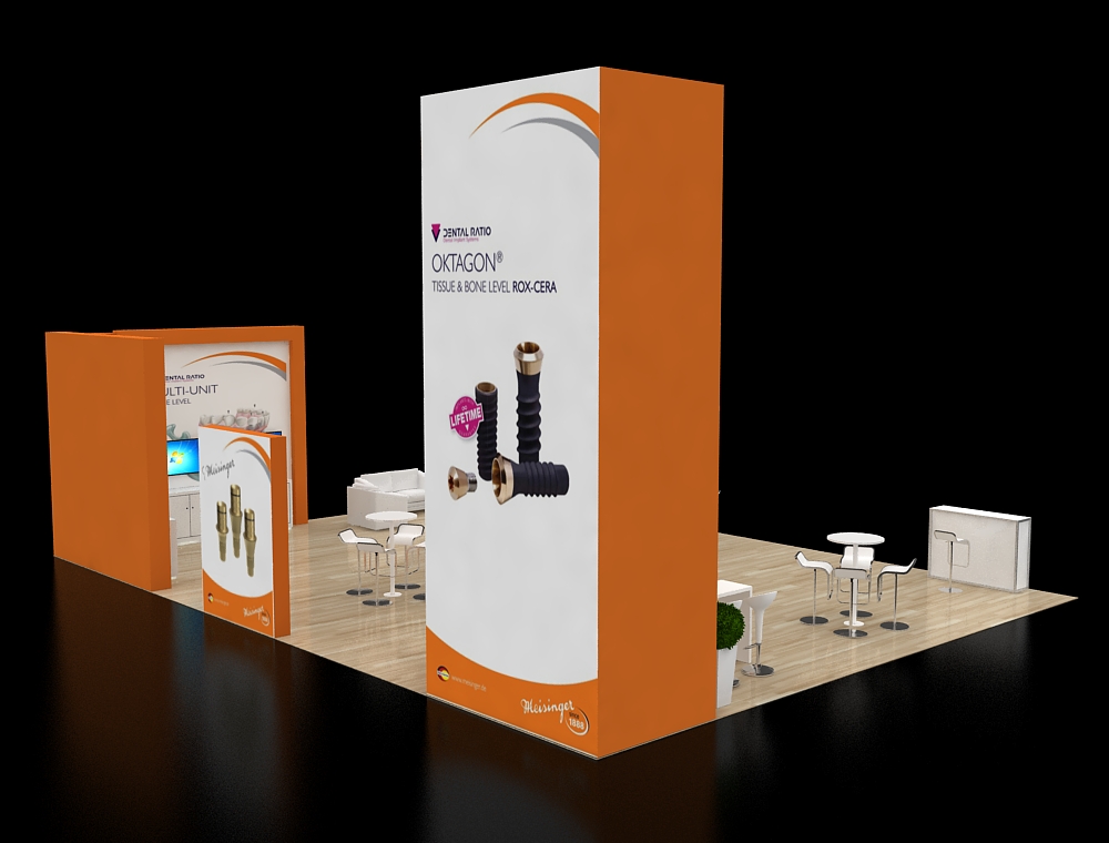 Modern trade show booth with reception counter