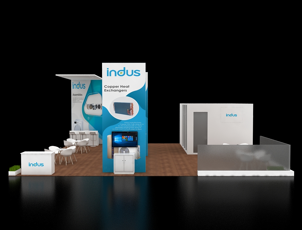 40x40 booth design with modular reception counters