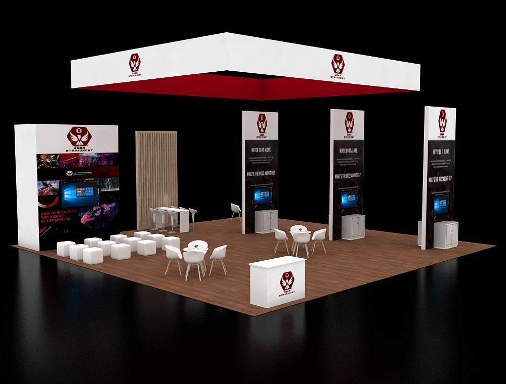 Trade booth 40x40 with wide LED display wall