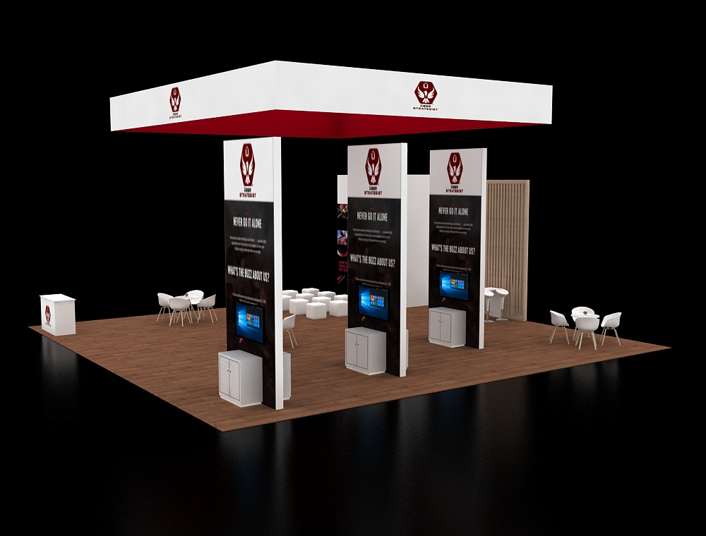 Trade booth 40x40 with wide LED display wall
